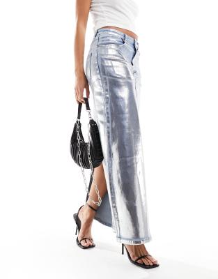 stretch metallic coated denim maxi skirt in silver-Multi