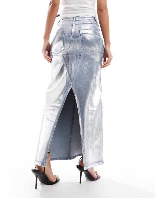 Amy Lynn stretch metallic coated denim maxi skirt in silver