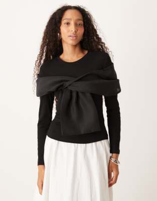 Amy Lynn Stretchy Long Sleeve Top With Sheer Twist Front In Black