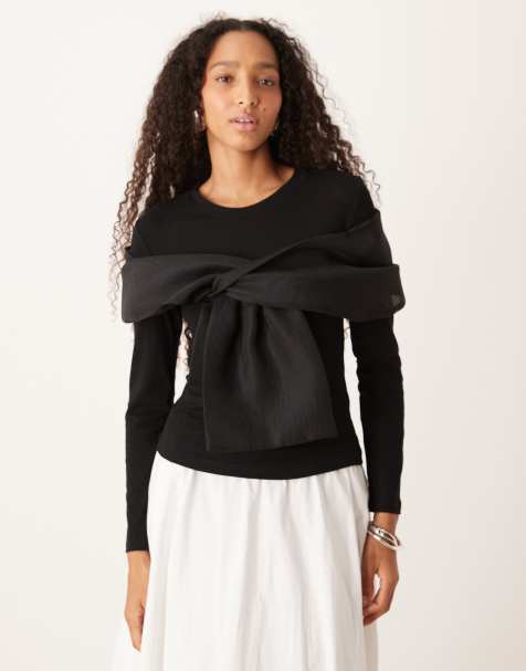 Amy Lynn stretchy long sleeve top with sheer twist front in black - view 1