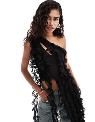 Amy Lynn Suki ruffle frill chiffon sheer top in black | ASOS