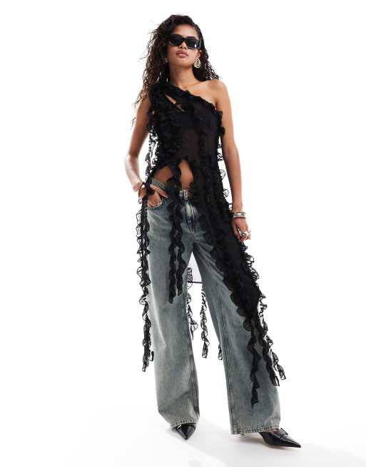 Amy Lynn - Suki - Top van doorschijnend chiffon met ruches in zwart