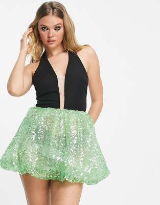 Amy Lynn Suzi halterneck mini dress with puff skirt in contrast black and green sequin - ASOS Price Checker