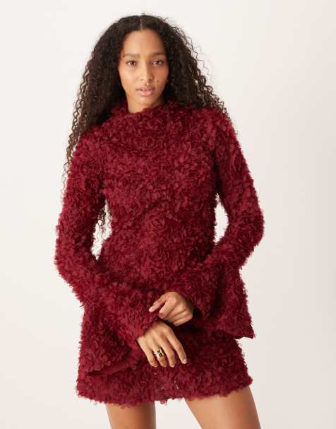 Amy Lynn textured bell sleeve high neck mini dress in red - view 1