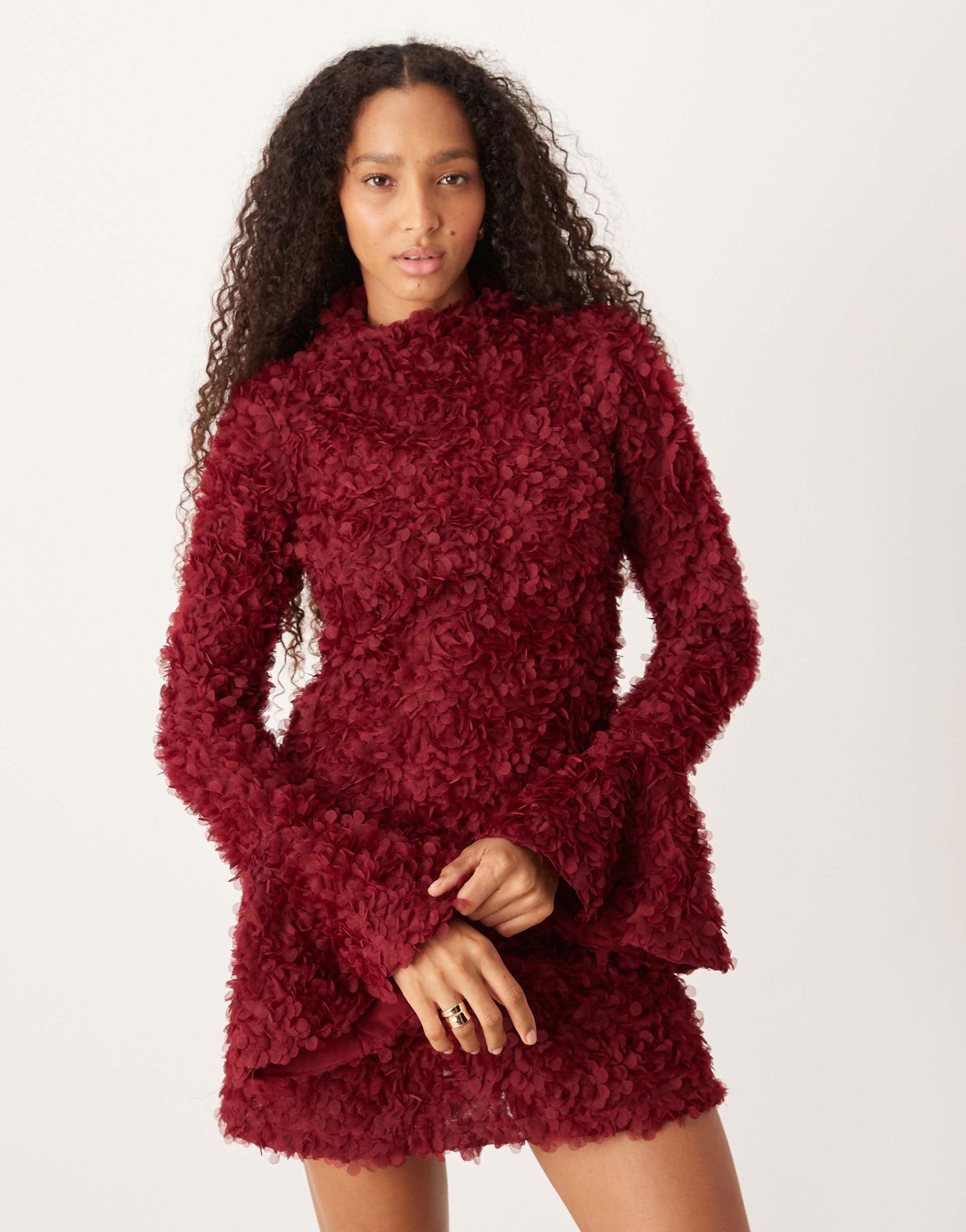 amy lynn textured bell sleeve high neck mini dress in red