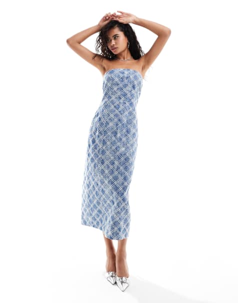 Amy Lynn textured denim bandeau midi dress in midwash blue - view 1