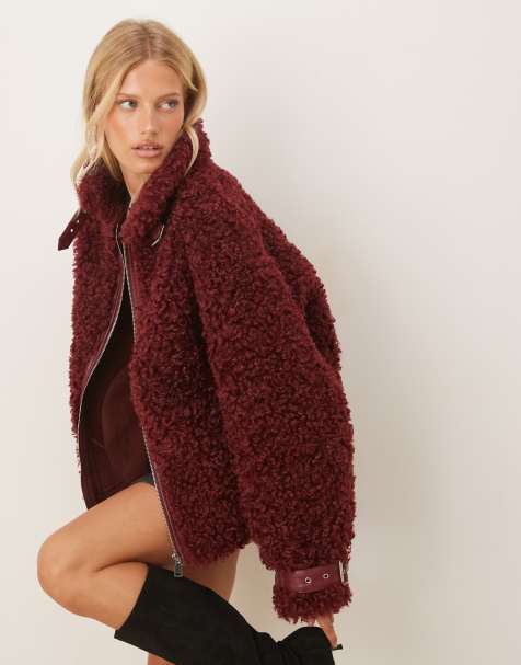 Amy Lynn textured faux fur aviator coat in red - view 1