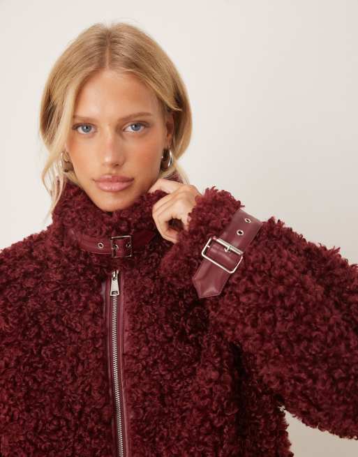Amy Lynn textured faux fur aviator coat in red, 3 of 4