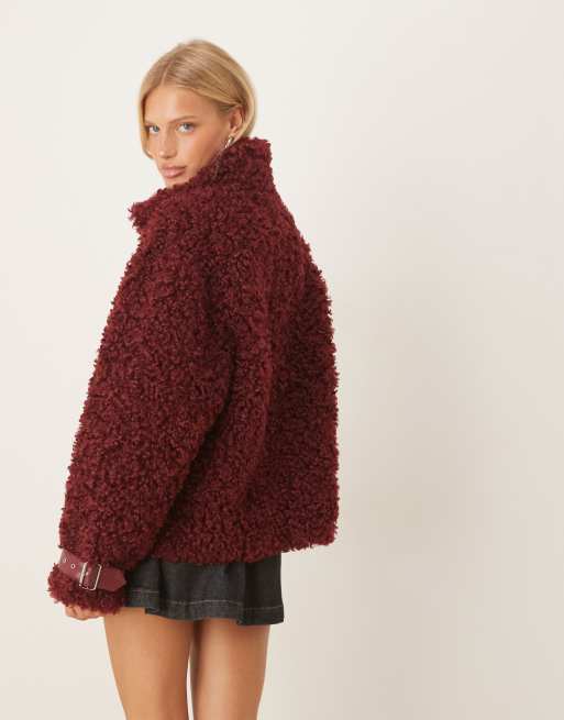 Amy Lynn textured faux fur aviator coat in red, 4 of 4