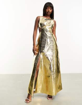 Amy Lynn Textured Lupe Maxi Dress With Open Back In Gold Metallic