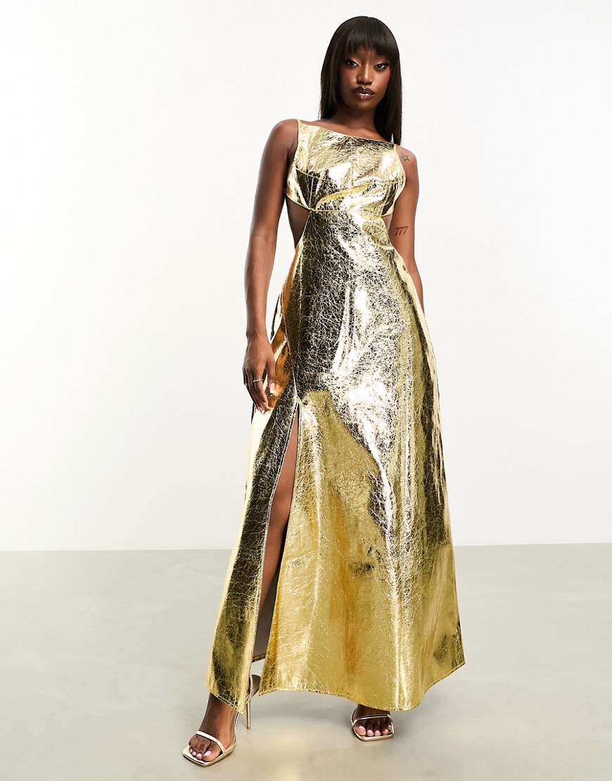 textured lupe maxi dress with open back in gold metallic