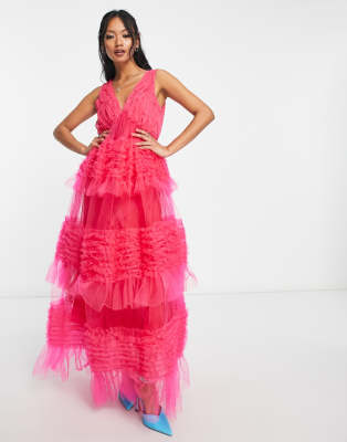 Amy Lynn Tiered Tulle Maxi Dress In Hot Pink