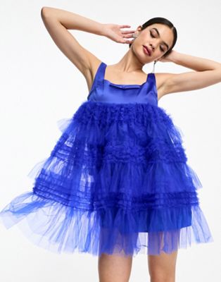 Amy Lynn Bobby tiered tulle mini dress in cobalt