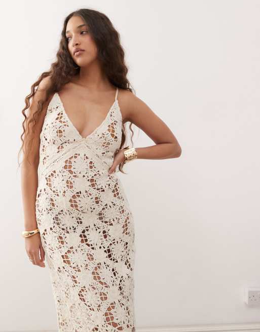 Amy Lynn v-neck crochet maxi slip dress in beige
