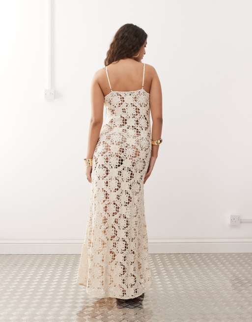 Amy Lynn v-neck crochet maxi slip dress in beige, 3 of 4
