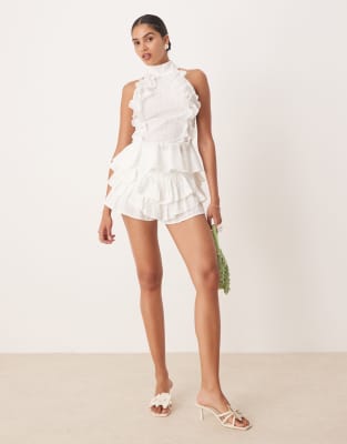 Amy Lynn Amy Lynn v waist ruffle bloomer shorts in white broderie
