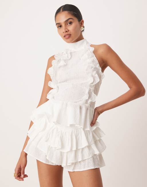 Amy Lynn v waist ruffle bloomer shorts in white eyelet, 3 of 5