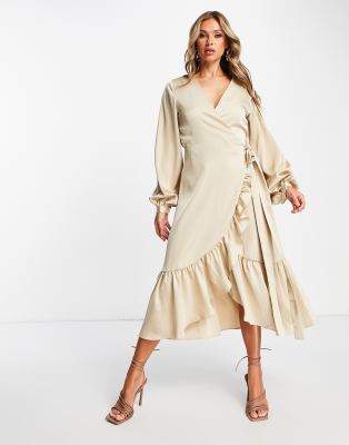 Amy Lynn Wrap Satin Midi Dress In Gold