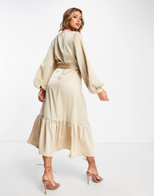 Amy Lynn Wrap Satin Midi Dress In Gold