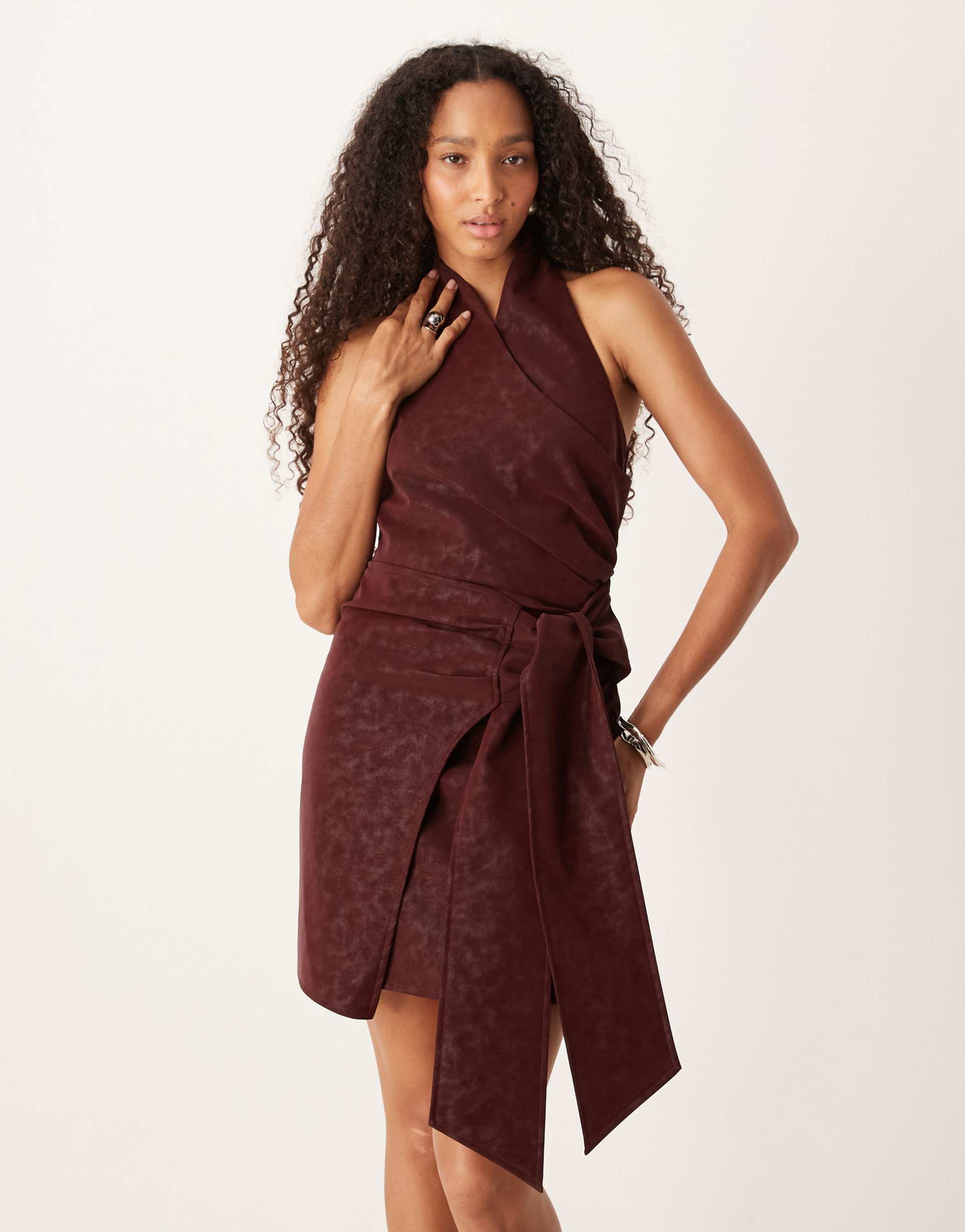 amy lynn wraparound high neck mini dress in red