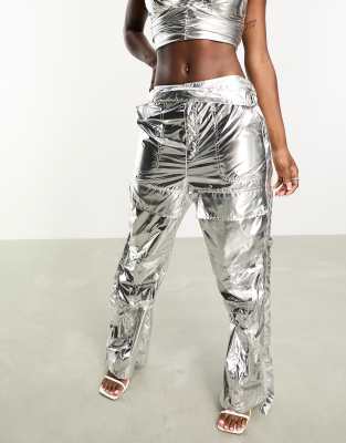 Amy Lynn Amy Lynn Y2K liquid combat trouser in high shine metallic silver co-ord