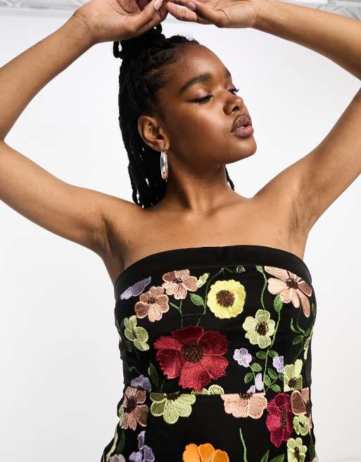 Black floral 2025 strapless dress