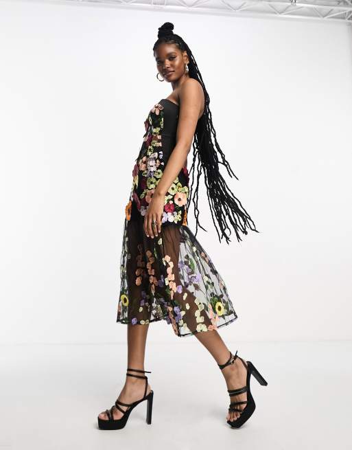 Amy Lynn Zion bandeau maxi dress in black based floral embroidery