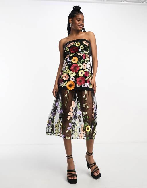 Amy Lynn - Zion - Maxi bandeau-jurk met geborduurde bloemen op zwarte ondergrond 