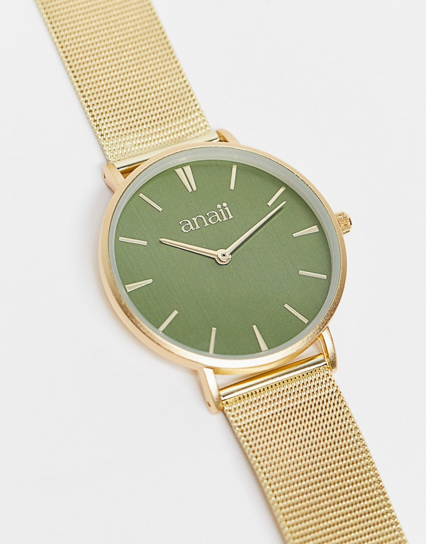 Anaii - Mesh horloge met groene wijzerplaat-Goud