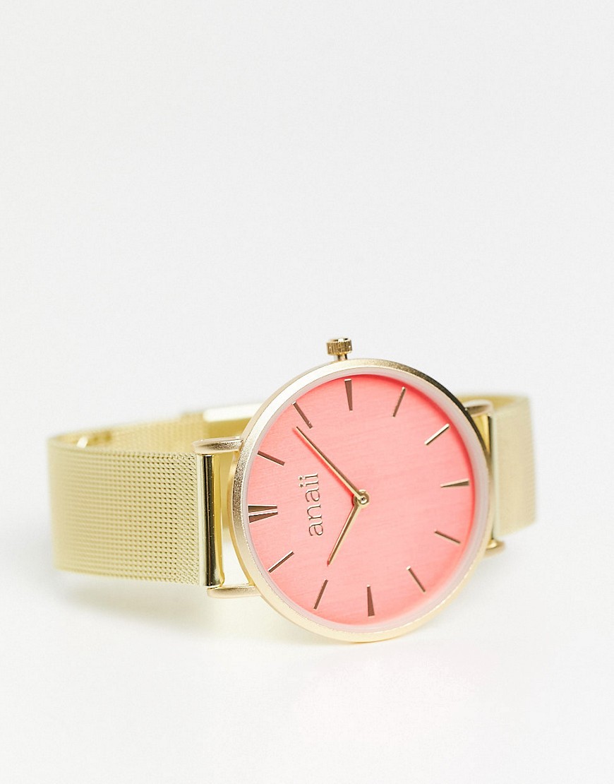 Anaii mesh watch with pink dial-Gold