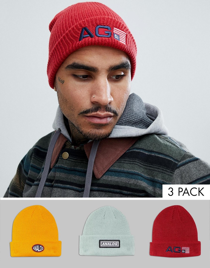 Analog Beanie 3-Pack in Red/Yellow/Grey-Multi
