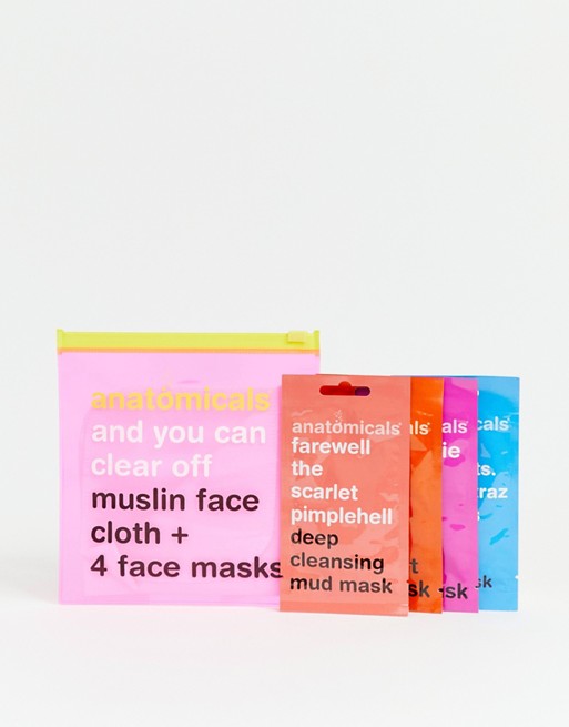 Anatomicals ASOS Exclusive And You Can Clear Off. Muslin Face Cloth and 4 Face Masks