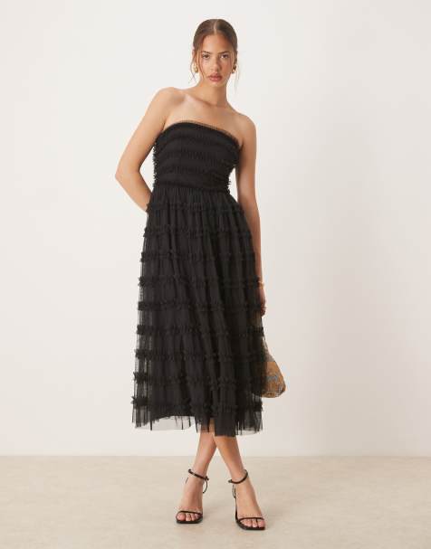 Anaya Bandeau ruffle midi dress in black