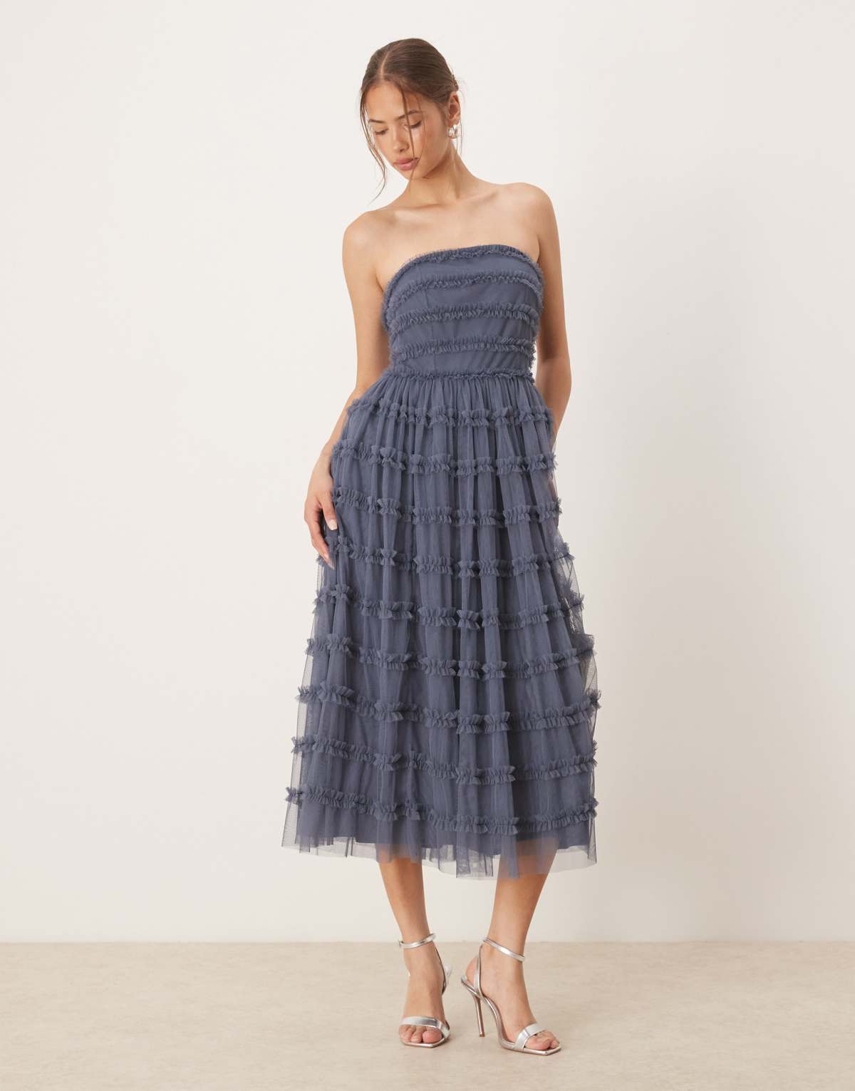 Anaya Bandeau ruffle midi dress in vintage indigo
