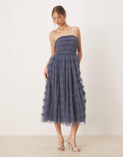 Anaya Bandeau ruffle midi dress in vintage indigo