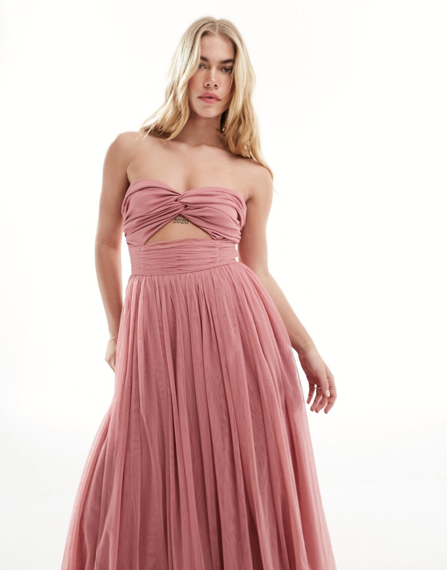 bandeau tulle midi dress with cut out detail dusty pink