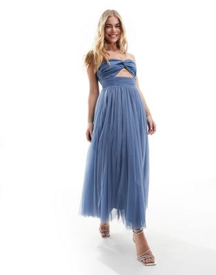 bandeau tulle midi dress with cut out detail in blue
