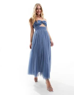 Anaya Bandeau Tulle Midi Dress With Cut Out Detail In Blue