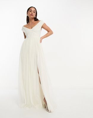 Anaya Bridal bardot maxi tulle dress with split in ivory - ASOS Price Checker
