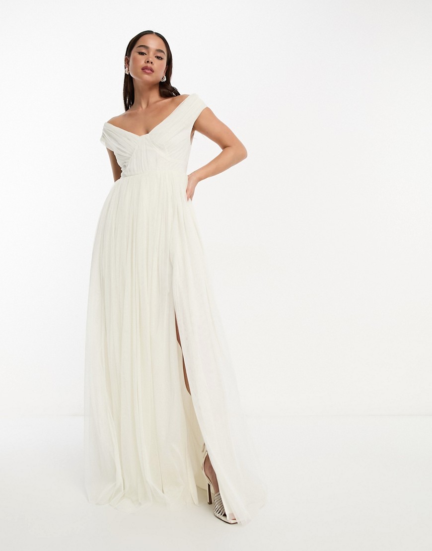 Anaya Bridal bardot maxi tulle dress with split in ivory-White