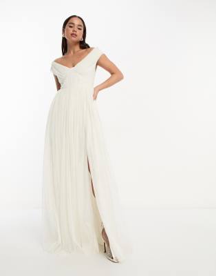 Anaya - Bridal - Maxikleid aus Tüll in Elfenbein mit Carmen-Ausschnitt und Schlitz-Weiß