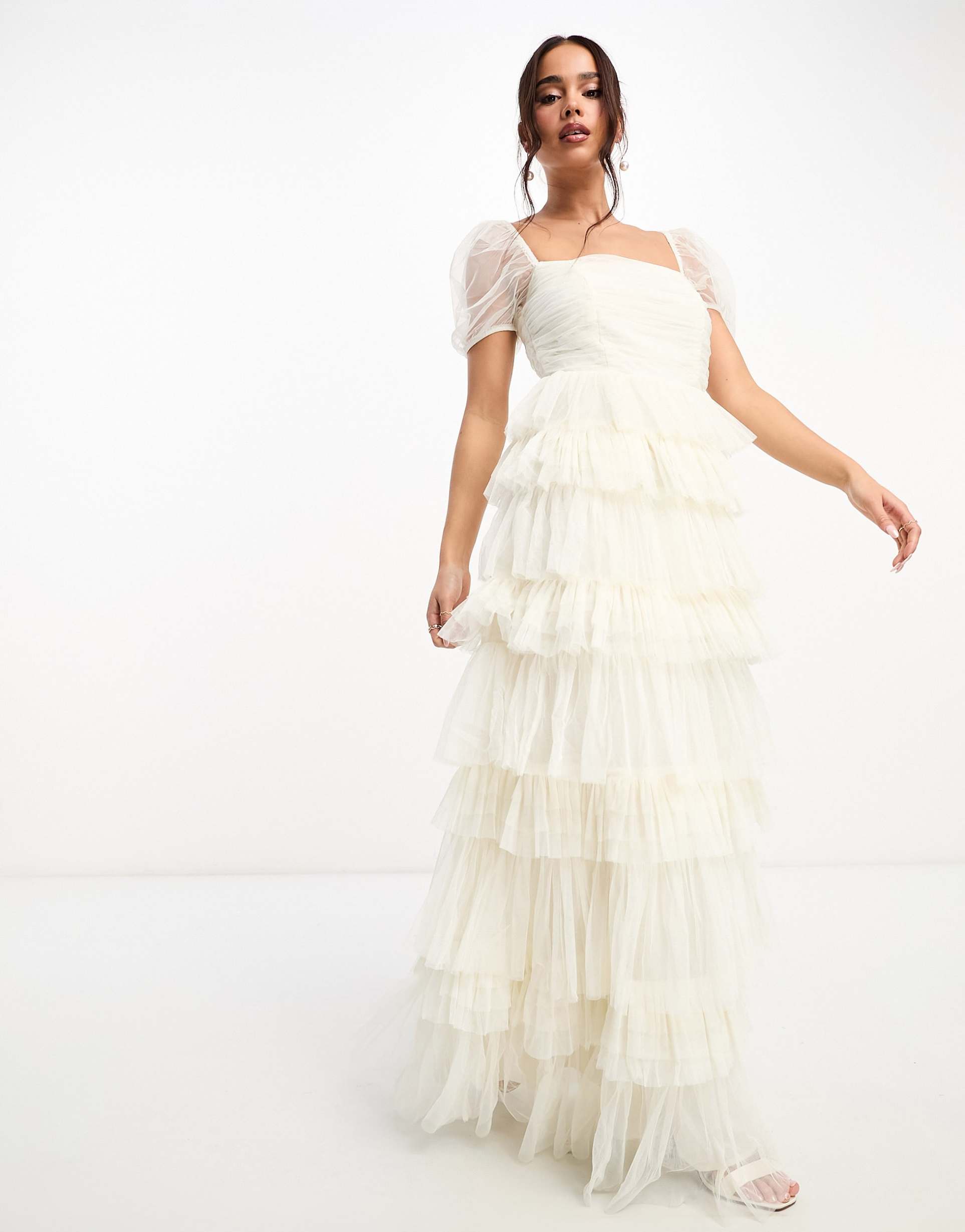 anaya bridal puff sleeve tiered maxi dress in ivory