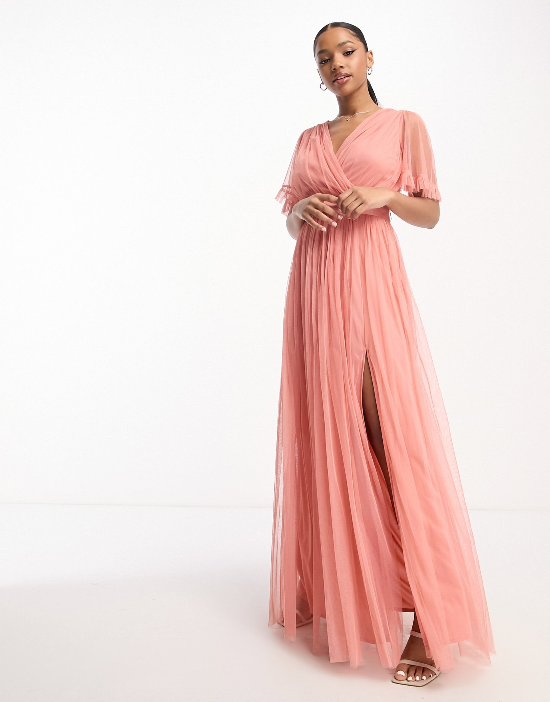 anaya bridesmaid flutter sleeve maxi dress in coral pink
