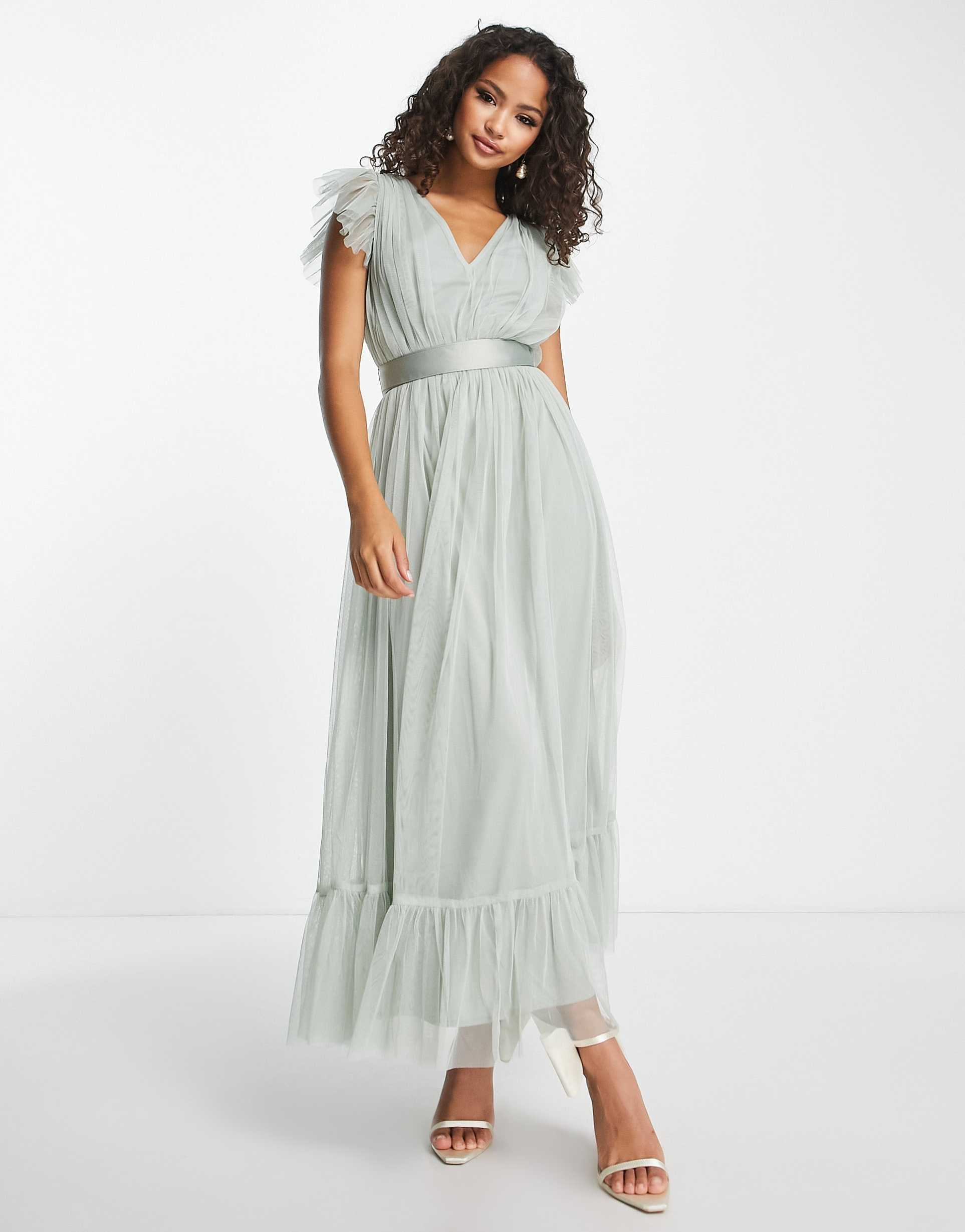 anaya bridesmaid flutter sleeve midaxi dress in sage green
