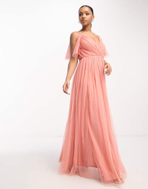 Anaya Bridesmaid – Koraloworóżowa wiązana na plecach sukienka maxi z dekoltem w szpic