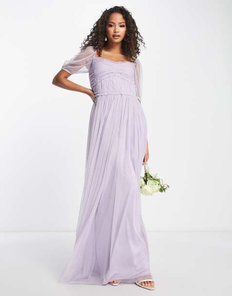 Anaya – Bridesmaid – Liliowa sukienka maxi z bufkami - view 1