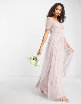 Anaya - Bridesmaid - Maxikleid in zartem Blush mit Puffärmeln-Rosa