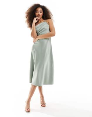 Anaya - Bridesmaid - Midi-Trägerkleid in Salbeigrün mit One-Shoulder-Träger