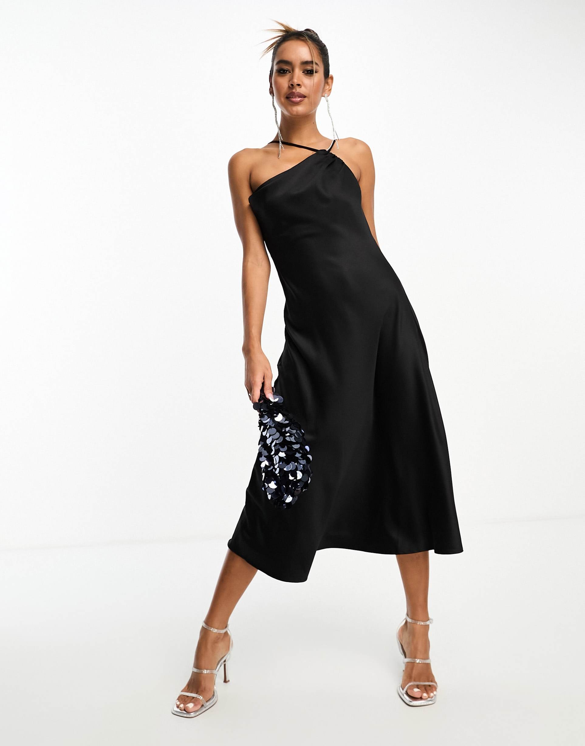 anaya bridesmaid one shoulder cami midi dress in black