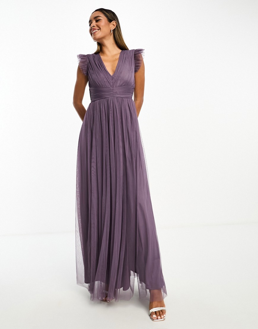Bridesmaid plunge tulle maxi dress with thigh split in purple